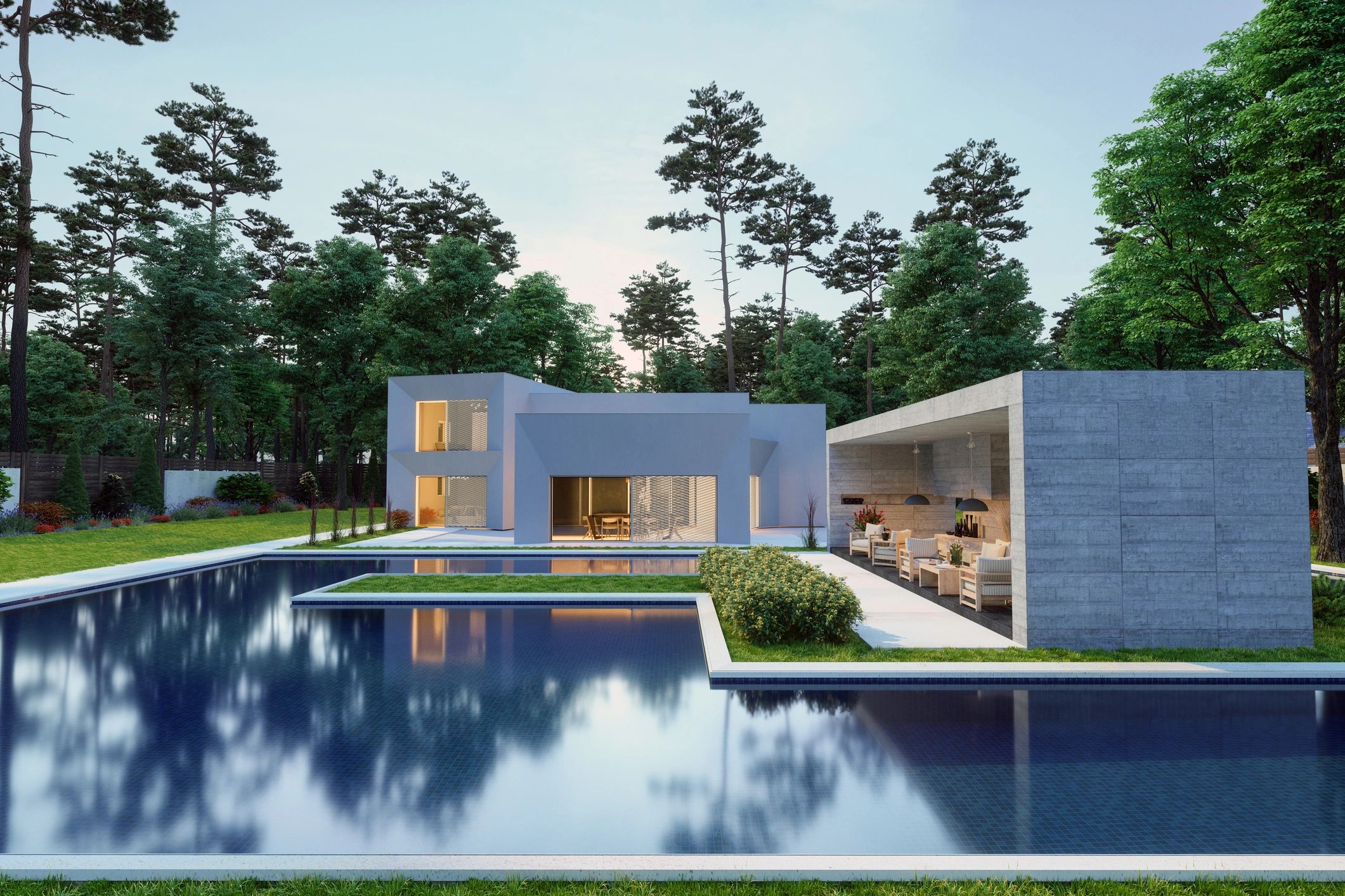 luxury backyard outdoor living modern landscaping pool patio firepit pergola outdoor kitchen